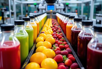 Factory Bottling Line Fresh Fruit Juice Production Orange Strawberry and Green Juice Bottles