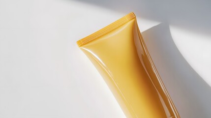 Close up of a yellow tube with a textured cap on a white surface with soft shadows and bright lighting