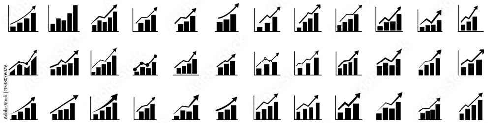 Poster set of black and white vector icons of growth charts, bar graphs, and line graphs with upward pointi