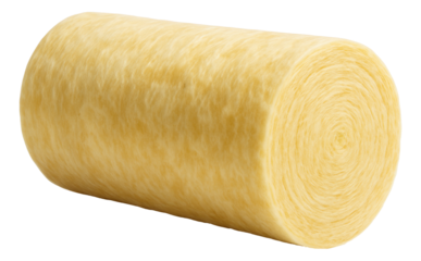 Roll of yellow fiberglass insulation material designed for thermal and acoustic properties in construction on transparent background.