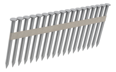 A row of metallic nails aligned and connected with a strip, designed for use in a nail gun on transparent background.