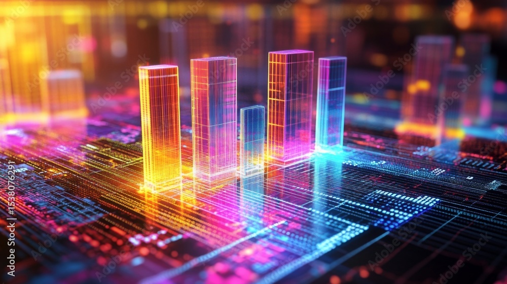 Poster d bar graph with transparent bars on a digital grid, glowing neon lines on the base, creating a high
