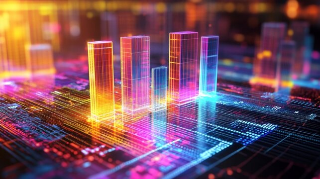 D bar graph with transparent bars on a digital grid, glowing neon lines on the base, creating a high-tech and futuristic data visual