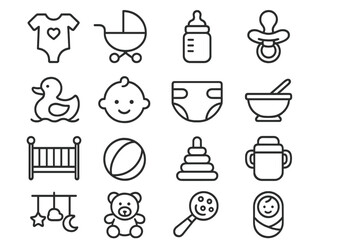 Colorful baby items and toys represented in a minimalistic style showcasing essentials for infants and toddlers