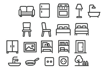 Essential household items including furniture, appliances, and decorations in a modern design layout