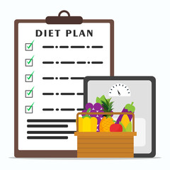 Diet plan with healthy foods. featuring fruits and vegetables. improving health and nutrition with checklist on clipboard.