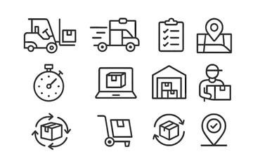 Delivery and logistics icons representing various aspects of shipment tracking and warehouse management