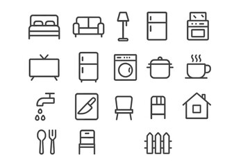 Collection of minimalist icons representing home appliances and furniture used for interior design and decoration ideas