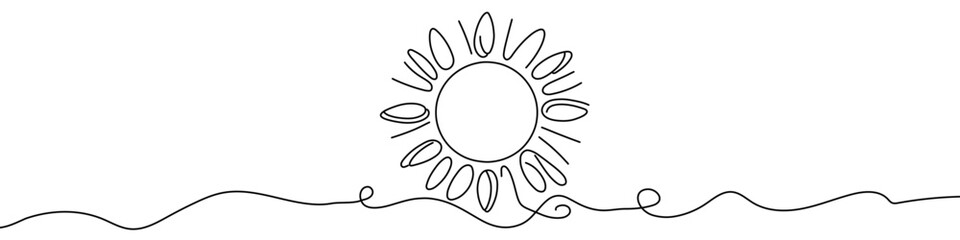 Black sun in single line art style. Editable minimalist sun drawing on white background. Vector illustration.