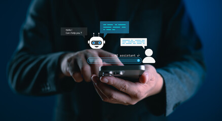 AI assistant chatbot concept showing smart virtual assistant responding to user via smartphone....