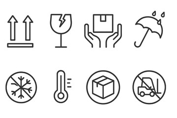Icons illustrating important shipping and handling guidelines for packages in various conditions and environments