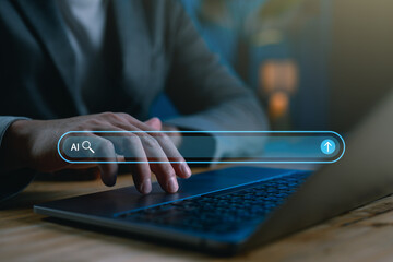 AI search concept with user typing on laptop and virtual search bar overlay. Perfect for content about artificial intelligence, research, machine learning or digital transformation topics.