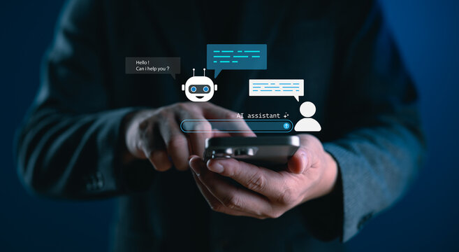 AI assistant chatbot concept showing smart virtual assistant responding to user via smartphone. Ideal for customer support, automation, NLP, AI interaction and digital service platforms.