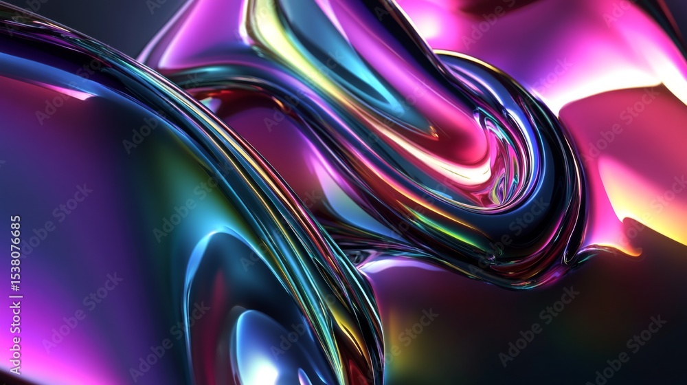 Poster abstract d shapes in bright colors and metallic finishes, floating over a dark, glossy background, w