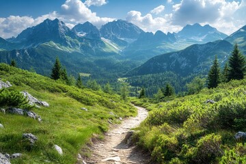 Obraz premium Scenic mountain hiking trail dolomites landscape photography nature panoramic view adventure