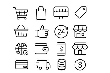 Shopping icons representing various activities and services related to retail and e-commerce