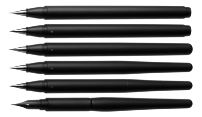 Six sleek black pens with varying nibs arranged side by side on transparent background.