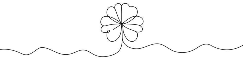 Black four-leaf clover in single line art style. Editable minimalist clover drawing on white background. Vector illustration.
