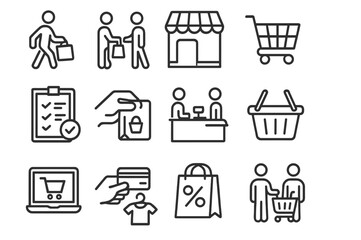 Shopping icons depicting various retail activities and interactions in a minimalist style for a modern aesthetic