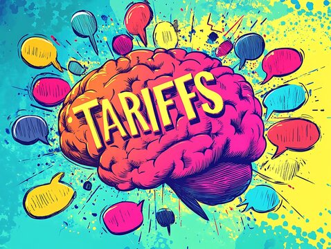 Global Trade Thought, a vibrant pop art illustration, showcasing a stylized brain exploding with colorful, cartoonish "TARIFFS" speech bubbles Tariff Impact Cognition Economic Policy Mindset