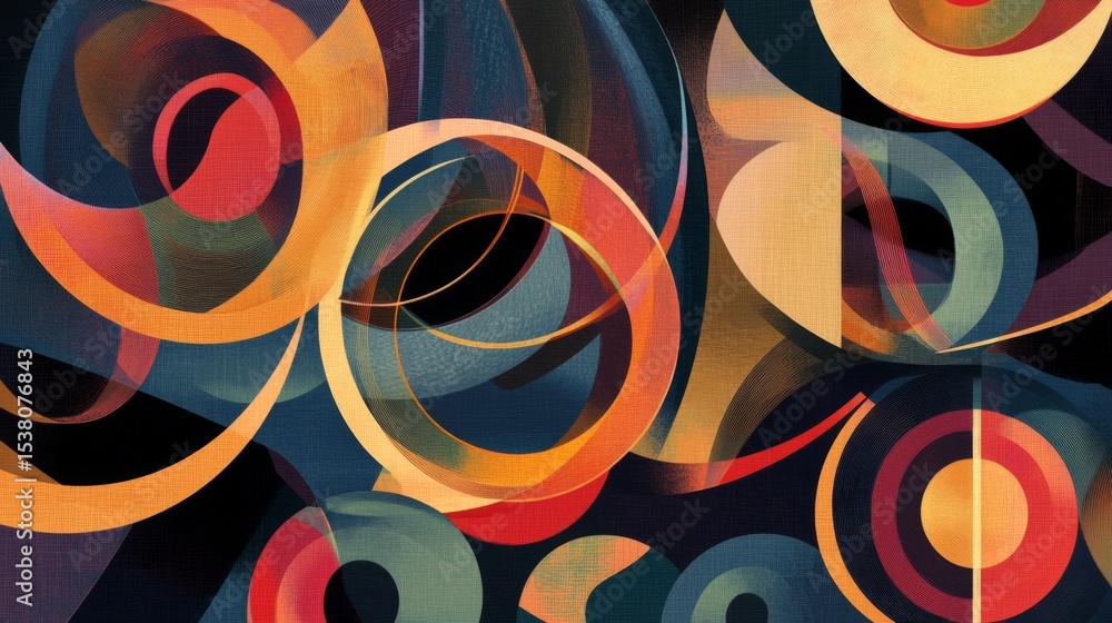 Poster abstract graphic with circular forms and swirling lines in bold colors, conveying a sense of energy 