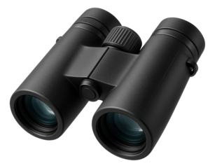 Black matte binoculars featuring dual lens cylinders and a central focusing knob on transparent background.