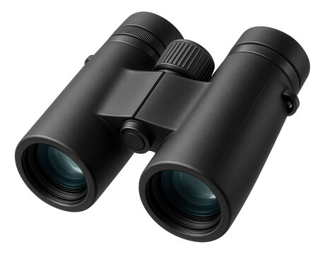 Fototapeta Black matte binoculars featuring dual lens cylinders and a central focusing knob on transparent background.