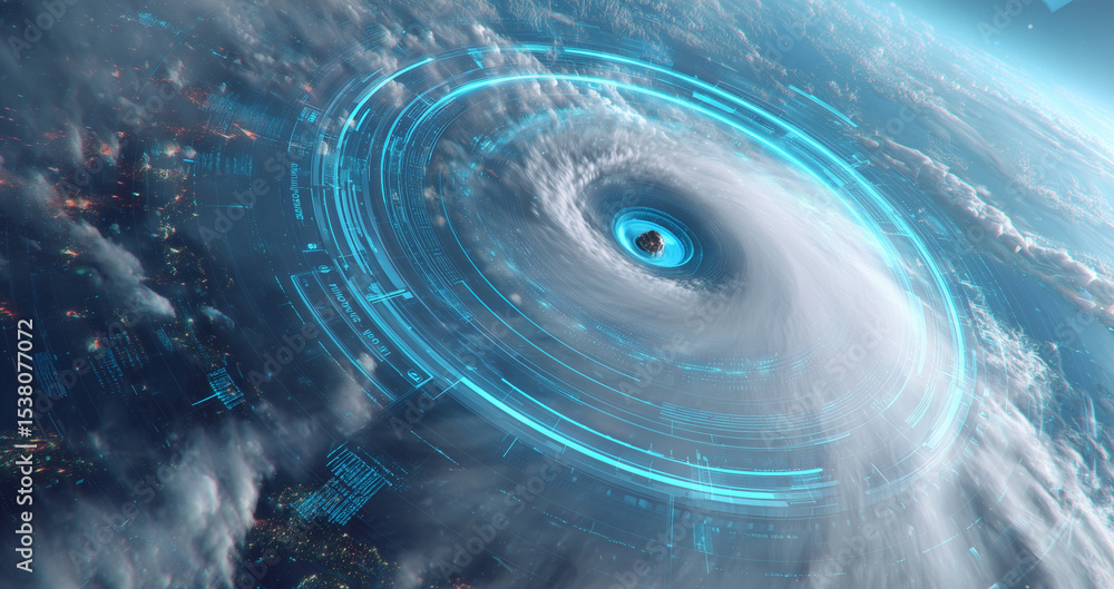 Poster High-altitude satellite data collection captures a powerful hurricane forming. Advanced sensors relay critical climate information for ongoing weather monitoring and analysis during the storm.