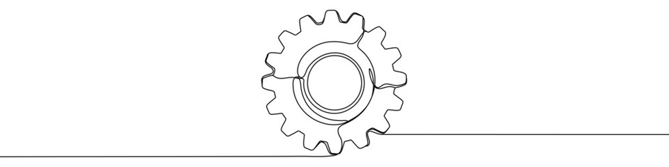 Black gear in one line art style. Gear drawing with editable stroke on white background. Vector illustration.