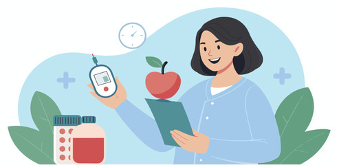 Diabetes Management and Healthy Lifestyle Concept with Woman Holding Glucometer and Diet Plan