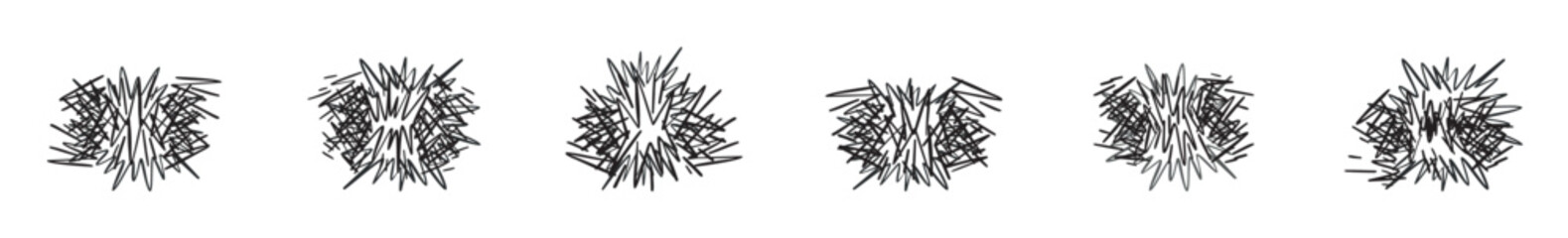 A collection of black and white bird nests in different shapes and designs shown in a simple icon style. Brush drawn abstract circle, vector illustration