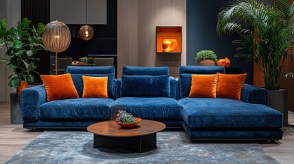 Modern living room with a stylish blue sofa and orange pillows, illuminated by elegant designer lamps 