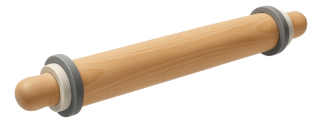 Wooden rolling pin with adjustable thickness rings on transparent background.