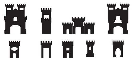 Castles of different shapes, icon set. Castle, linear icons. Line with editable stroke, Castle Icon Square Button Set. Vector illustration