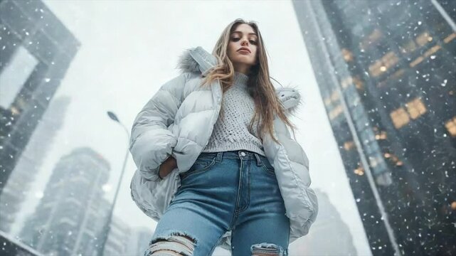 Urban winter fashion, low angle