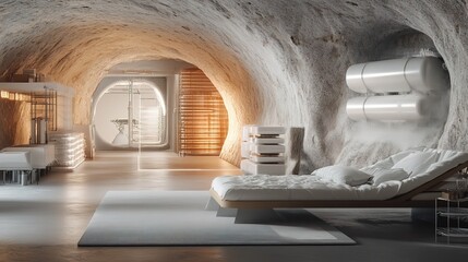 A futuristic self-sustaining factory on Mars, mining and processing materials 