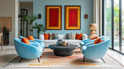 Modern Living Room with Light Blue Armchairs, Round Table, and Vibrant Accent Pillow 