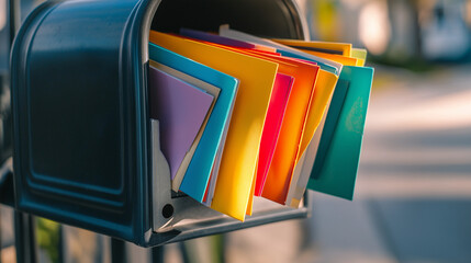 Open mailbox filled with colorful letters in sunlight