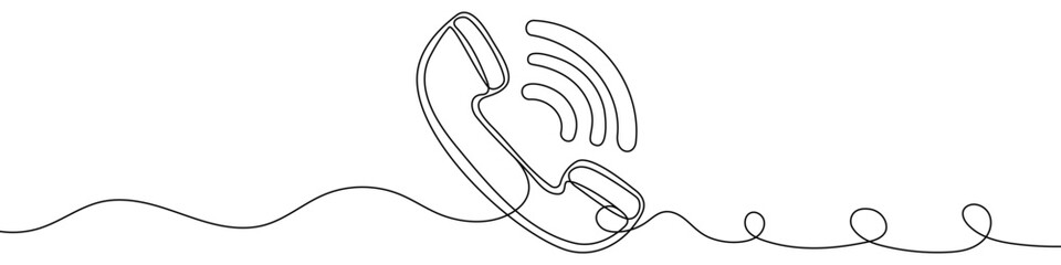 Black telephone receiver in one line art style. Telephone receiver drawing with editable stroke on white background. Vector illustration.
