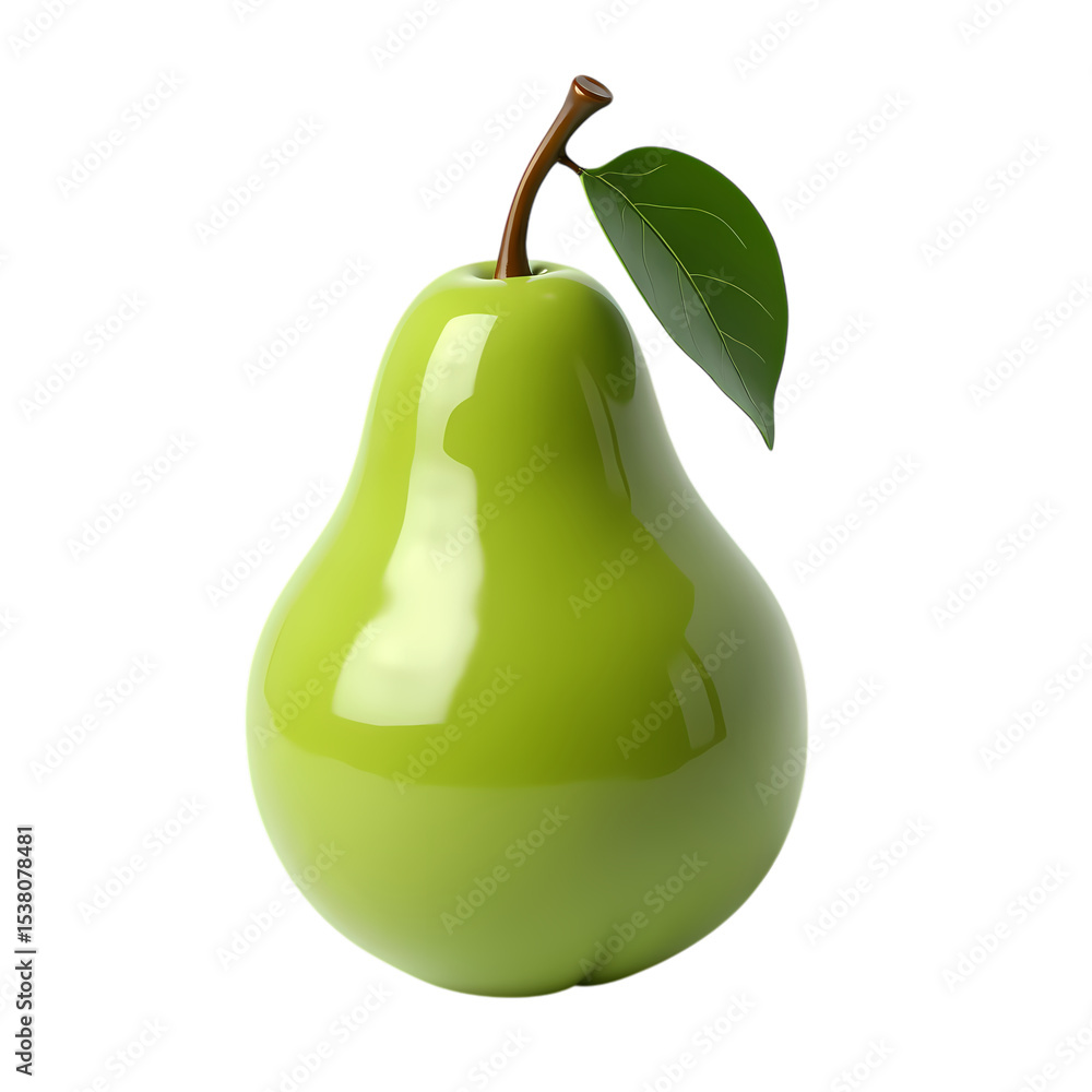 Poster a single green pear with a stem and leaf isolated on transparent background