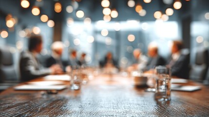 Business Roundtable Blur: A business roundtable setup with executives and round table discussion, softly blurred to emphasize strategic planning and collaborative decision-making. High quality