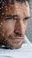 Close-up of a stressed entrepreneur gazing out the window, storm clouds reflecting on the glass, highlighting a grim business outlook.