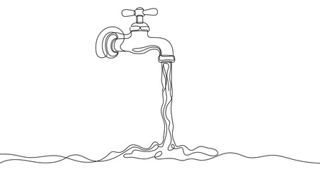 Black water tap with flowing water in one line art style. Tap drawing with editable stroke on white background. Vector illustration.