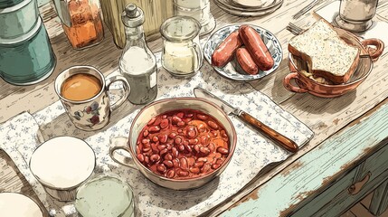 Vintage illustration of a classic American Beans and Franks meal, hand-drawn style with ink and watercolor, rustic kitchen table setting, warm nostalgic tones, food poster aesthetic