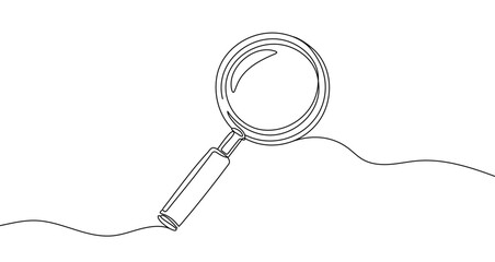 Black magnifying glass in one line art style. Magnifying glass drawing with editable stroke on white background. Vector illustration.