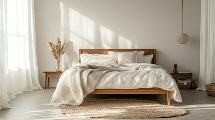 Luxurious minimalist bedroom with neutral tones, a simple wooden bed frame, and elegant lighting, creating a peaceful retreat