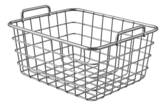 Metal wire storage basket with handles for organizing and decluttering home or office items on transparent background.