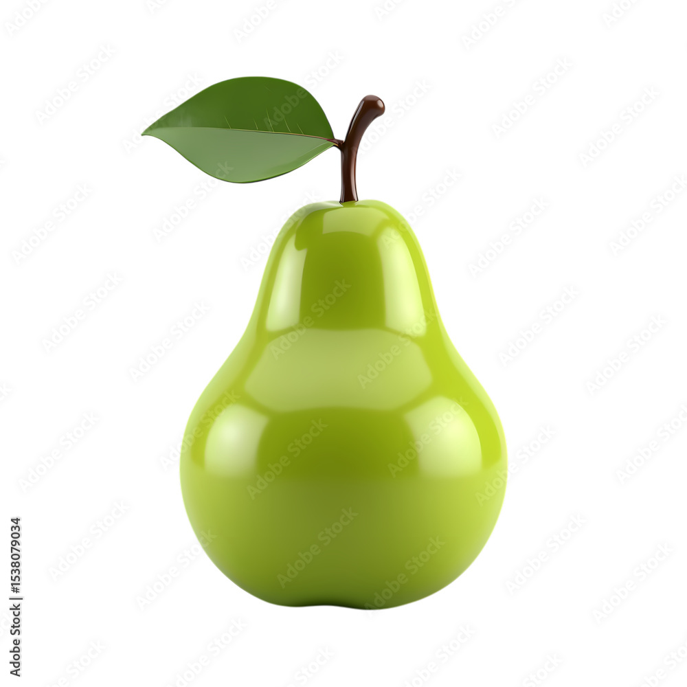 Poster a single green pear with leaf and stem isolated on transparent background