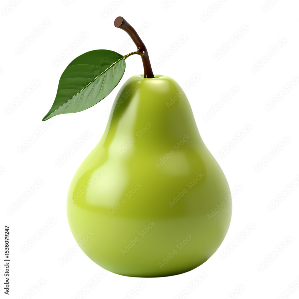 Poster a single green pear with stem and leaf isolated on transparent background