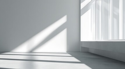 Fototapeta premium Ultra-detailed 3D rendering of bright white wall and window with sunlight casting shadows on the floor, minimalist interior design with empty space for text or product display, close-up composition